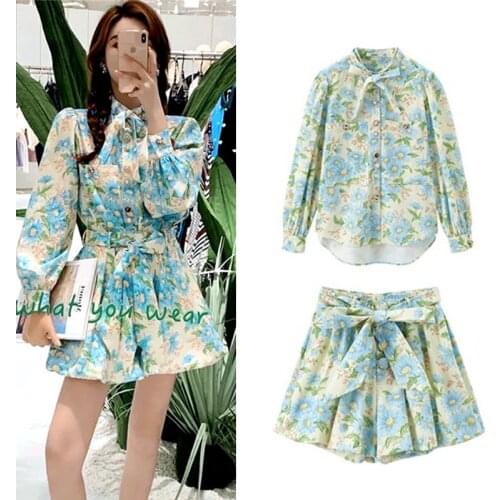 Fashion new womens 2-piece runway spring and summer daisy floral print top shirt top and skirt shorts pants suit set NZ100