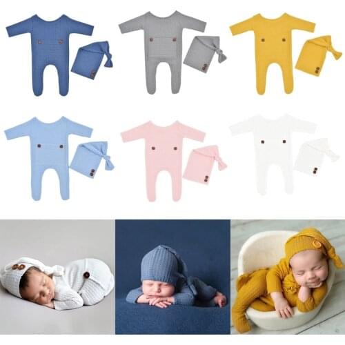 2 Pcs/Set Infants Photo Shooting Clothing Baby Knitted Jumpsuit Long Tail Cap Kit Hat Romper Newborn Photography Props