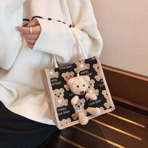 2022 Fashion Women Canvas Carton Handbag Ladies Cute Bear Tote Bags Woman Shopping Travel Bag For Women