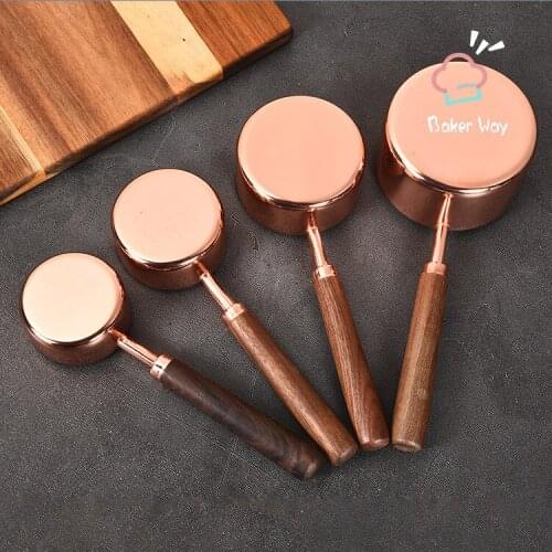 4Pcs Rose Gold Measuring Cups Spoons With Walnut Wooden Handle Plated Copper Measuring Spoon Scoop Kitchen Baking Measuring Tool