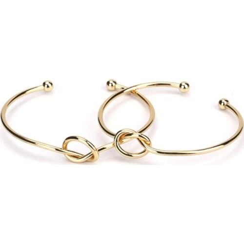 Design Pure Gold Color Knot Metal Wine Thread Round Bead Charms Adjustable Bracelet Open Bangle Cuff For Unisex Couple Jewelry