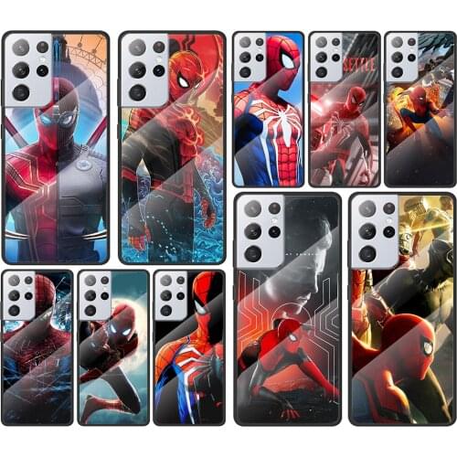 Marvel Spiderman hero for Samsung Galaxy S21 Ultra Plus A72 A52 4G 5G M51 M31 M21 Luxury Tempered Glass Phone Case Cover