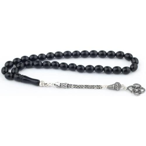 Natural Jet Stone Prayer Bead With Silver Tassel Men Rosary Islamic Tasbih With Kazaz Tassel 925 Sterling Silver