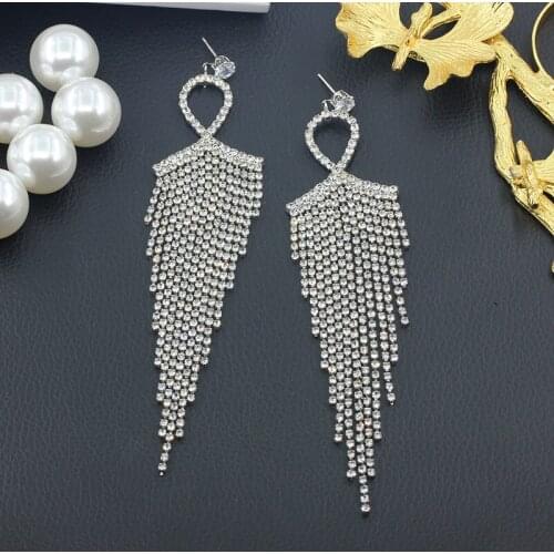 Long Tassel Full Rhinestone Drop Earrings for Women Ovsize Crystal Dangle Earrings Fashion Jewelry Accessories A451