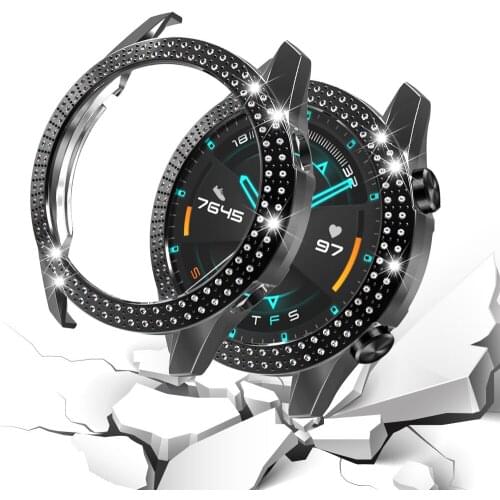 Two-row Diamond Bling Stylish Case for Huawei Watch GT 2 1 46MM Hard PC Frame Cover Anti-Scratch Protective Durable Bumper Shell