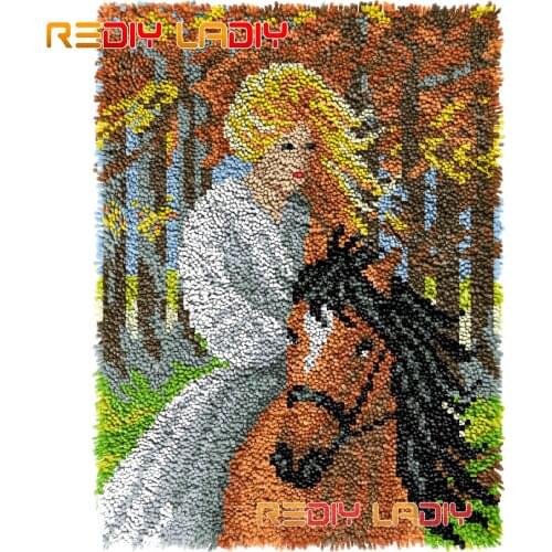 Latch Hook Rug Girl on a Horse Crocheting Tapestry Kits DIY Carpet Rug Chunky Yarn Needlework Knitted Floor Mat Hobby & Crafts