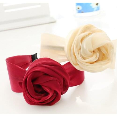 Fashion Women Gauze Headdress Bright Silk Rose Flower Hair Bands Solid Color Bezel Headwear Wide Headband Hair Accessories