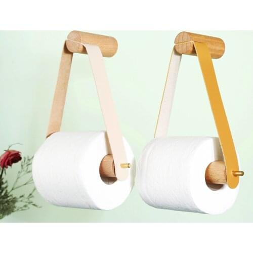1set Wood+Leather/Brass Toilet Paper Holder Roll Hanging Rope Towel Rack Wall Mount Beige/Brown Home Bathroom Hotel Decoration