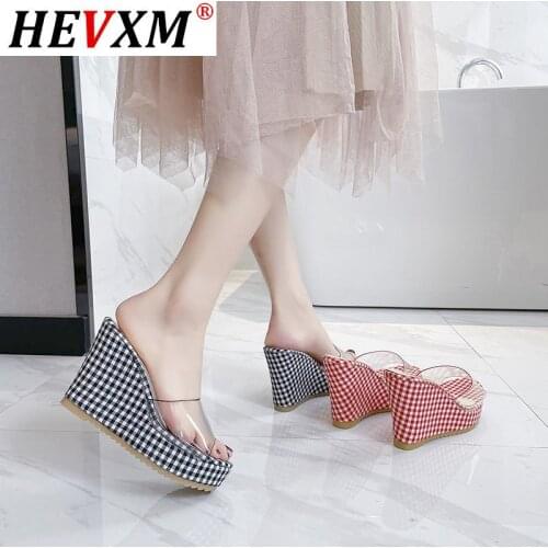New Summer Womens Slippers Fashion Plaid Cloth Wear-resistant Square Head Wedge Heel Thick Bottom Waterproof Platform Sandals