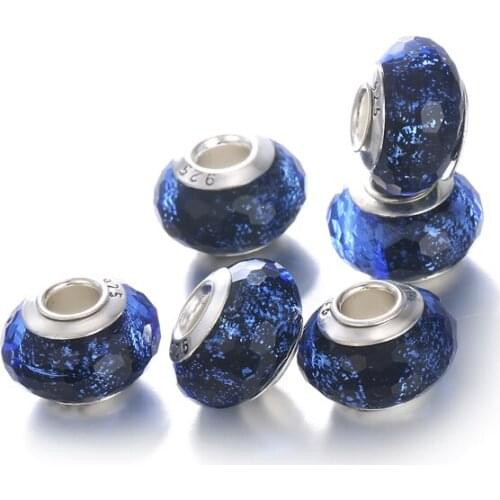 Original 100% Real Solid 925 Silver Beads Blue Crystal Charms With S925 Stamp Chain Bracelet DIY Jewelry Gift