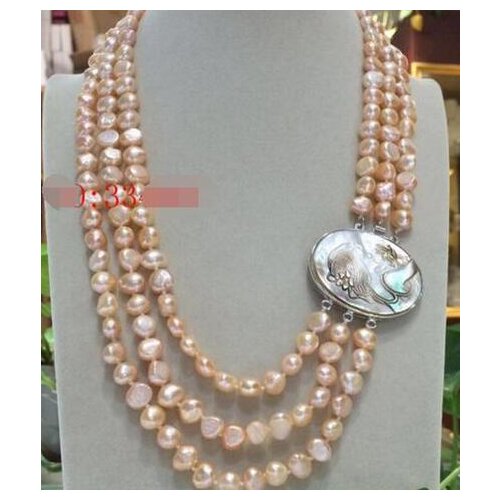 Natural 3Rows 8-9mm Australian south sea gold pink pearl necklace & beauty shell flower clasp 17"-20"