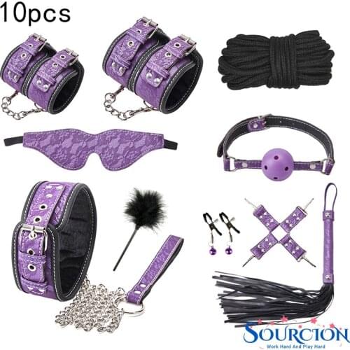 Print 10pcs / set Sex Products Erotic Adult Toys BDSM Sex Bondage Set Handcuff Nipples Clamps Gag Whip Rope Sex Toys for Couples