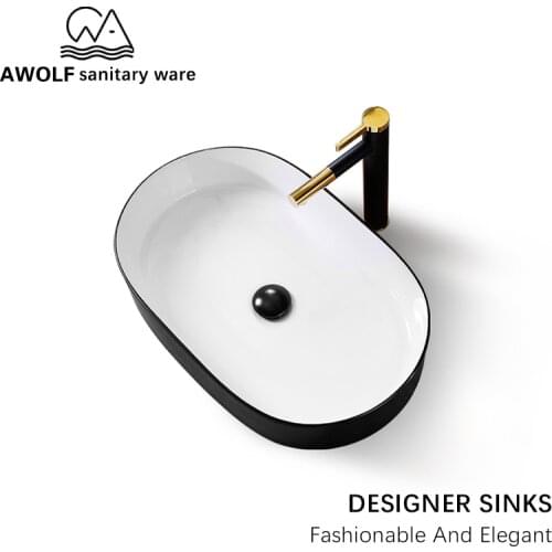 Bathroom Sinks Modern Matte Black White Oval Design Washing Basin Bowl Ceramic Vessel With Drain Soft Hose Big Size AM963