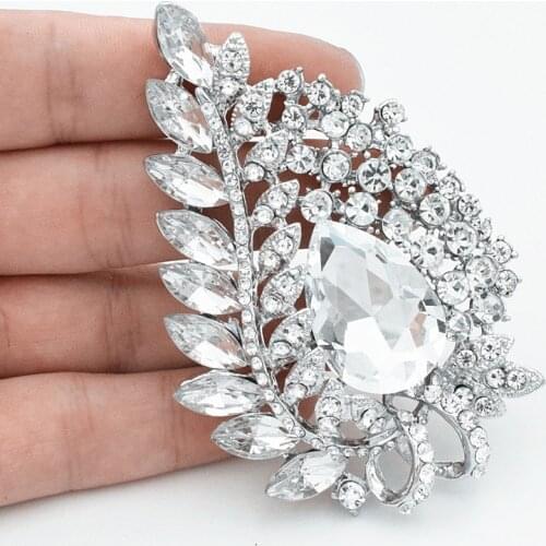 Luxury Design Rhodium Plated Wedding Bridal Costume Huge Brooch With Large Waterdrop Crystal