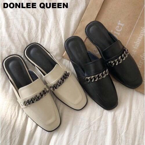 Flats Mule Shoes Women Slip On Loafers Fashion Brand Chain Casual Shoes Flat British Mules Female Slide Slipper zapatos de mujer