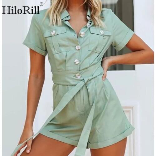 HiloRill Fashion Green Cargo Jumpsuit Women Summer Short Sleeve Overall Romper With Belt Turn Down Collar Cotton Shorts Bodysuit