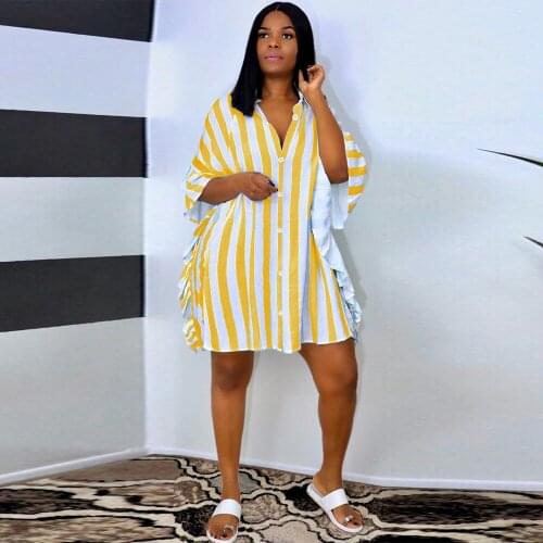 Fashion Women Shirt Blouse Dress Double Side Cascading Ruffle Stripe Loose Dress Summer Button Three Quarter Sleeve Mini Dress