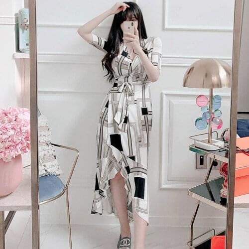 New arrival fashion korean style dress women elegant summer short sleeve temperament OL sweet pink print slim asymmetrical dress