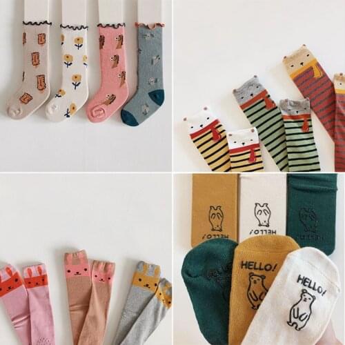2019 Korean Baby Boys Girls Tube Socks Lovely Bear Flower Bunny Print Knee Socks Toddler Kids Cotton Long Socks Kids Tube Socks