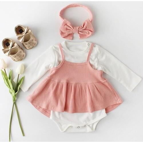 Baby Girls O-neck Long Sleeve Princess Style A-line Dress+Long Sleeve Triangle Rompers+Bow Turban 3PCS Clothing Sets