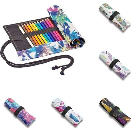 Color Feather Printed Roll Pencil Case 12/24/36/48/72 Holes Student Canvas Storage Bag School Drawing Arting Stationery Pen Bag