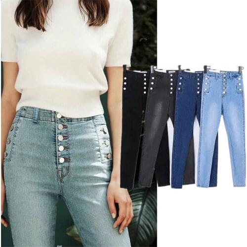 Spring Summer Jeans Woman Retro High Waist Slim Fit Stretch Pencil Pants Breasted Denim Pants Women Ankle-length Denim Trousers