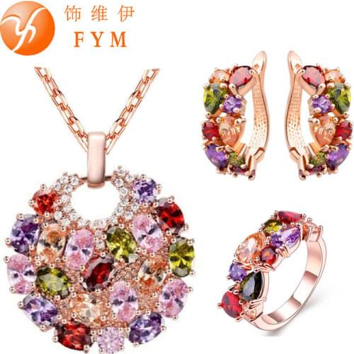 FYM Rose Gold Color Mona Lisa Colorful Crystal Jewelry Sets for Women Necklace Ring Earrings Multicolor Jewelry Set Wholesale