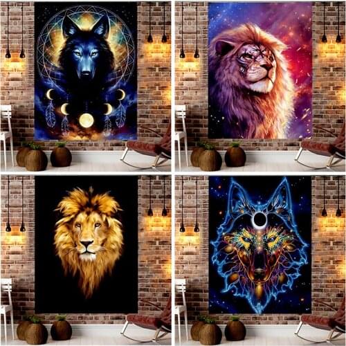 Cartoon Lion Wolf Tapestry Animal Wall Hanging Dorm Bedroom Home Living Background Yoga Blanket Poupon Wholesale Hot Sale