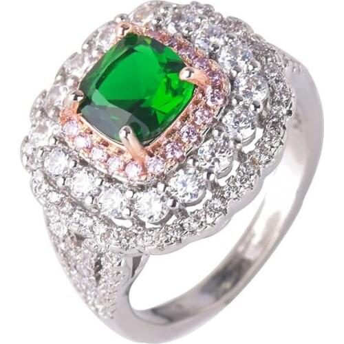 QTT Brand New 3 layers Micro Pave CZ 925 Silver Ring Ladies Large Green Zircon Luxury Wedding Ring Retro Jewelry Christmas Gift