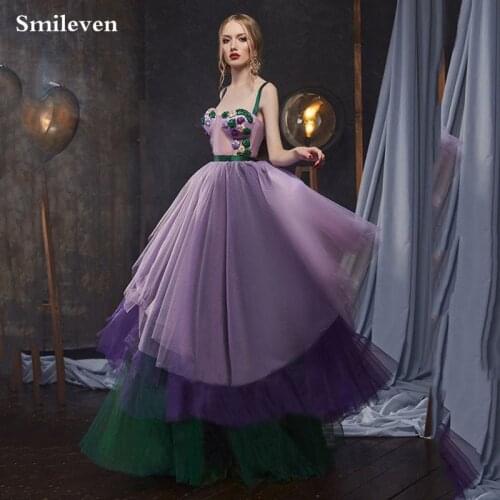 Smileven Mixed color Sweetheart A Line Prom Dresses Floor Length Spaghetti Straps Prom Party Gowns With 3D Flowers Evening Gowns