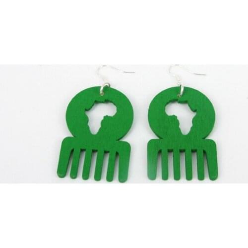 Trendy Handmade unique African Map Afro Comb Dangle Wooden Earrings for Fashion Ladys Green Colors With HOOK 6pairs/lot