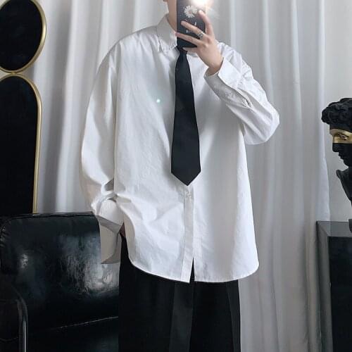 2020 Send Necktie Mens Solid Color White Hawaiian Shirt Loose Clothes Long Sleeve Shirt French Cuff Shirts Camisa Masculina