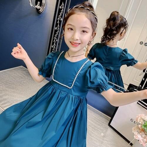 New Summer School Girs Dresses Puff Sleeves Kids Clothing Beaded Solid Color Princess Party Dresses for Girls 4-13 Years Old