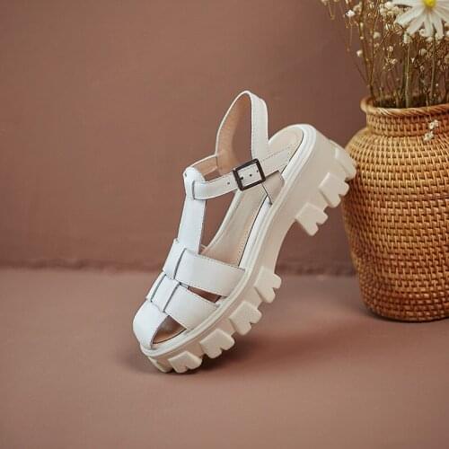 New Women Sandals Fashion Genuine Leather Buckle Strap Leather Gladiator Platform Sandals Casual Thick Heel Summer Womens Shoes