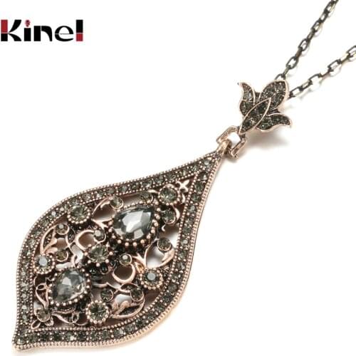 Kinel Vintage Grey Crystal Necklace For Women Turkish Antique Gold Color Pendant Necklace Ethnic Wedding Jewelry Gift