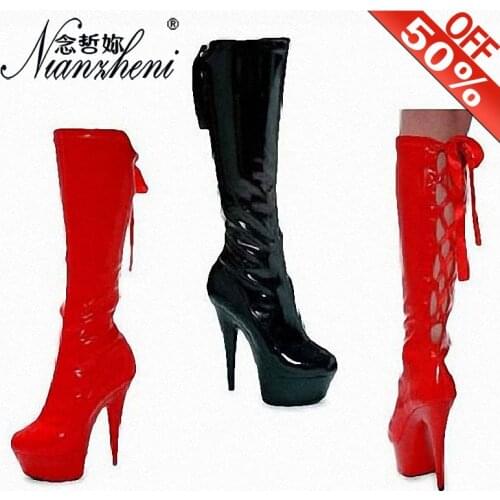 15cm high heel boots round heels riband PU party shoes bridal shoes ciabatte donna goth boots 6 inch Knee Boots red girl models
