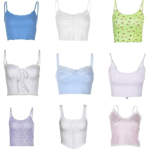 Soft Y2k Crop Tops E-Girl Spaghetti Strap Deep V With Lace Camis Tube Tops Chic Summer Ribbed Vest Backless 90s Blue Streetwear