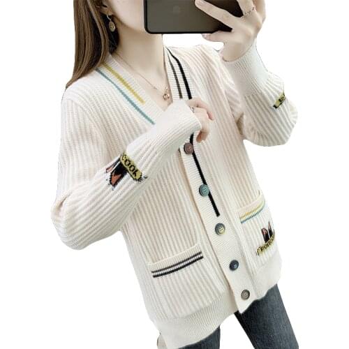 Knitted Cardigan Sweater Lady Outerwear New Fashion Loose V-neck Striped Sweater Jacket Women 2021 Spring Autumn Sweater Female