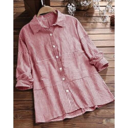 Patchwork Striped Blouse Women Turn Down Collar Single Breasted Long Sleeve Casual Loose Tops Plus Size Womens Tops and Blouses