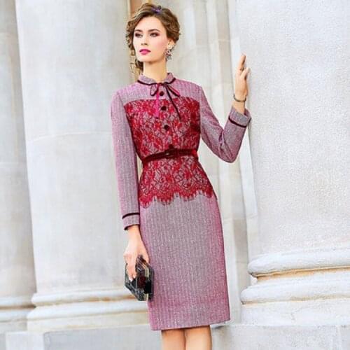 Lady 2021 office Pencil woolen Lace dress Women Clothing autumn winter Elegant dignified Party Dress patchwork retro dress plus