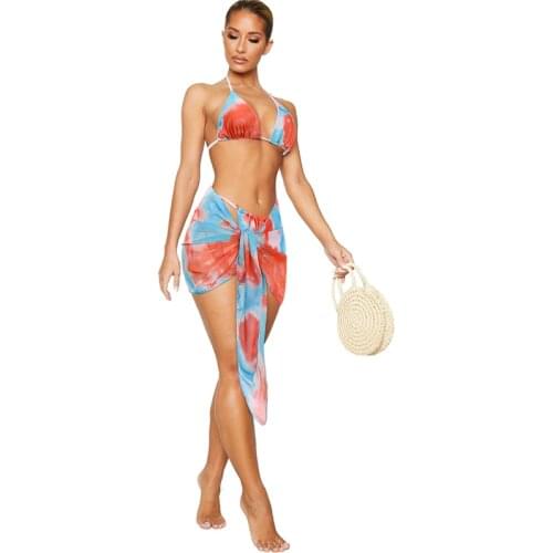 Women Three-piece Swimming Clothes Sets Tie-dyed Printed Pattern Bikini Tops Shorts and Beach Blouse Summer Swimsuits New