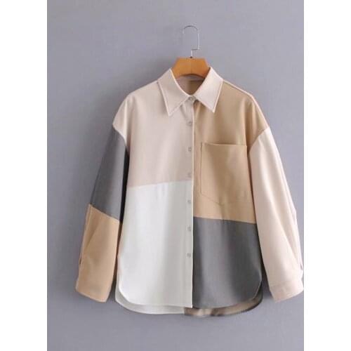 Spring Autumn Ladies Pullover Shirt 2021 Fashion Wild Loose Street Style Single-breasted Blouse Lapel Stitching Long Sleeves