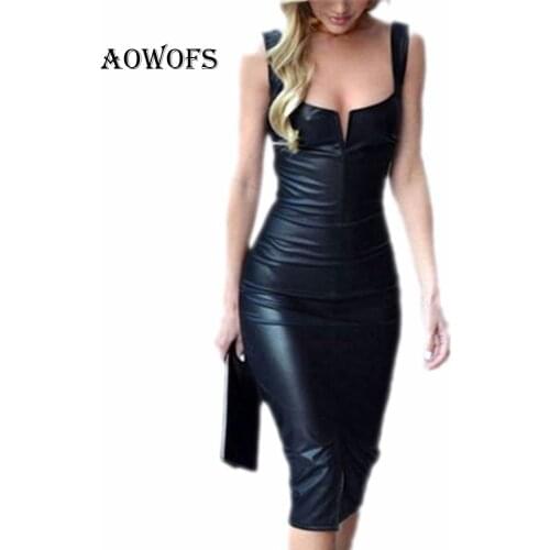 Sexy Leather Dress Women Bandage Bodycon Pencil Sleeveless Club Party Dresses Boat Neck Sleeveless Slim Split PU Dress Black 2XL