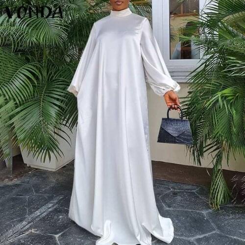 Women Dress Spring Long Sleeve Satin Slik Dress 2021 VONDA Bohemian Vintage Long Sleeve Party Vestidos Robe Femme Beach Sundress