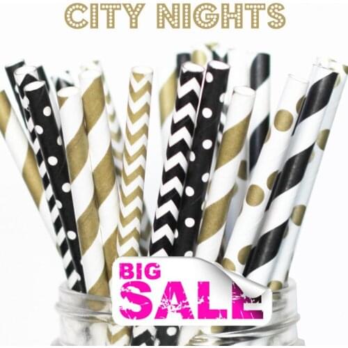 150pcs Mix Colors City Nights Party Paper Straws,Metallic Gold Striped,Polka Dot,Chevron,Black Stripe,Dot,Zig Zag,New Years Eve