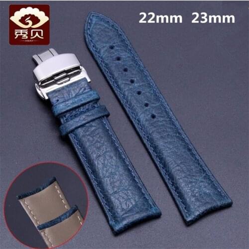 2019 High quality Genuine Leather Watchband 22 23mm Curved End Blue Breathable Calfskin Strap Deployment Clasp for Citizen Stock