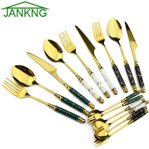 5Pcs/Set Ceramic Handle Cutlery Set Dinner Knife Fork Spoon Set Stainless Steel Gold Tableware Dinnerware Set Dishwasher Safe