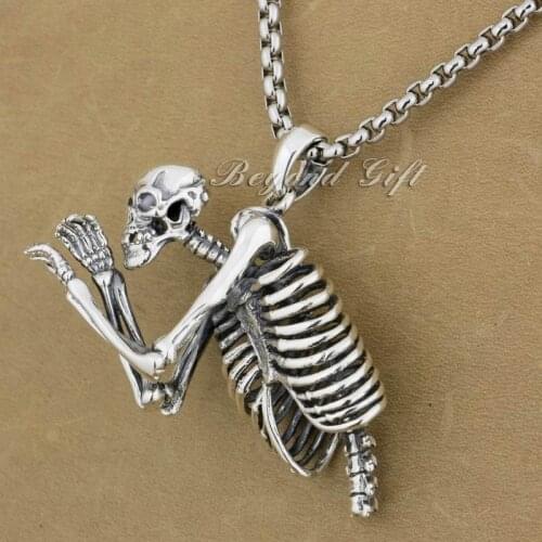 925 Sterling Silver Huge Heavy Upper Body Skull Mens Biker Pendant 9L021(Necklace 26inch)