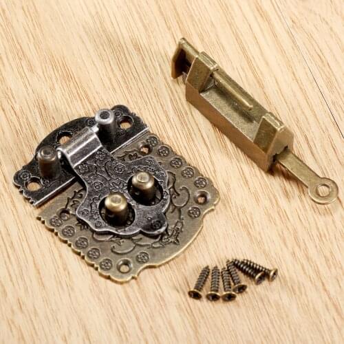 2Pcs/set Antique Bronze Chinese Old Lock with Wooden Box Cabinet Toggle Latch Hasp Chinese Brass Hardware Furniture Accessories