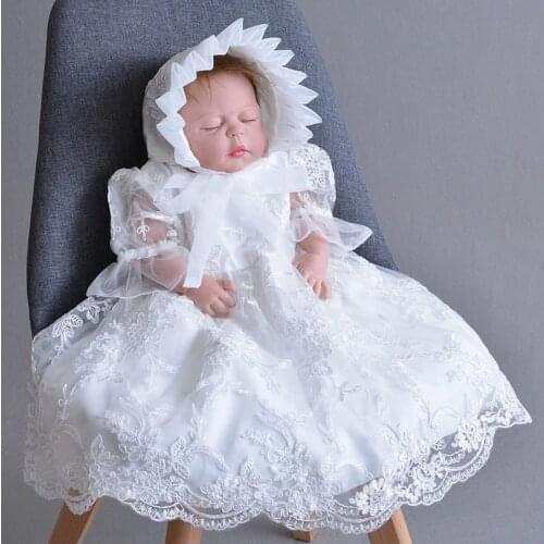 Baby Girl White Ruffle Baptism Dress Newborn Lace Flower Embroidered Christening Gown with Hat Bebe First Birthday Party Outfits